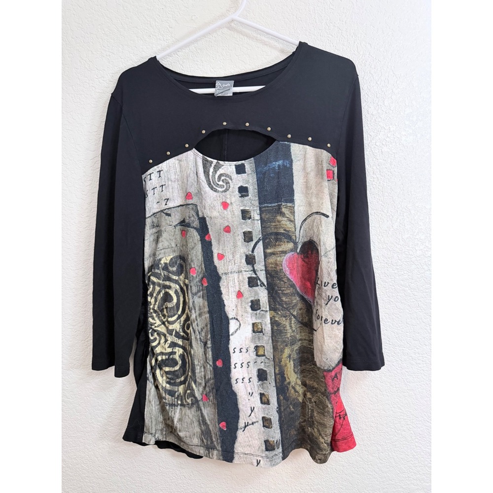 Simply Art by Dolcezza Black Heart Graphic Cutout Studded Top 57602 Large
